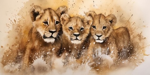Impressive Lions in Nature, Watercolor painting, generative ai - obrazy, fototapety, plakaty