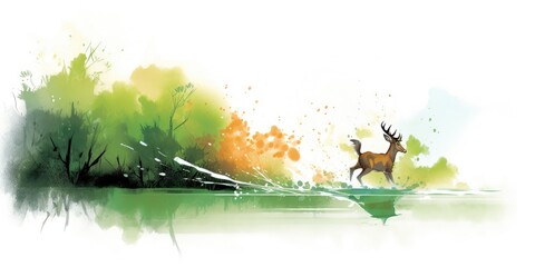 Abstract colorful watercolor art of a stag in nature, generative ai