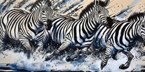 Fototapeta na wymiar Zebra during a safara trip, watercolor painting style, generative ai