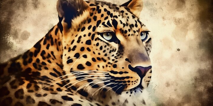 Bright Leopard in the sahara on the prawl, watercolor painting style, generative ai