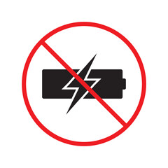 Forbidden charging vector icon. No charge vector flat sign design. Prohibited high voltage icon. Warning, caution, attention, restriction, label ban danger. No electricity battery symbol pictogram