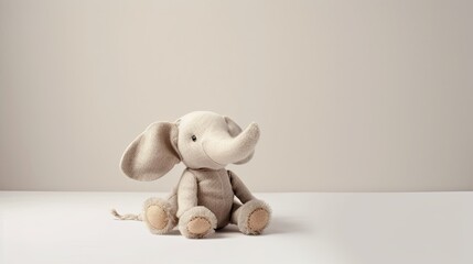 Elephant plush toy on light grey background with copy space for your text. Generative ai save the elephants concept