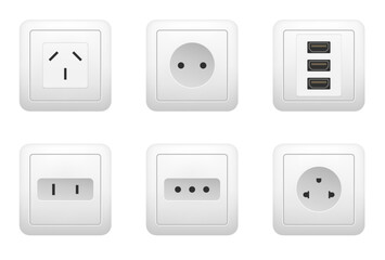 Socket power type electric plug switch isolated set. Vector cartoon graphic design element illustration