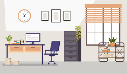 Office interior space workspace modern desk concept. Vector cartoon graphic design element illustration