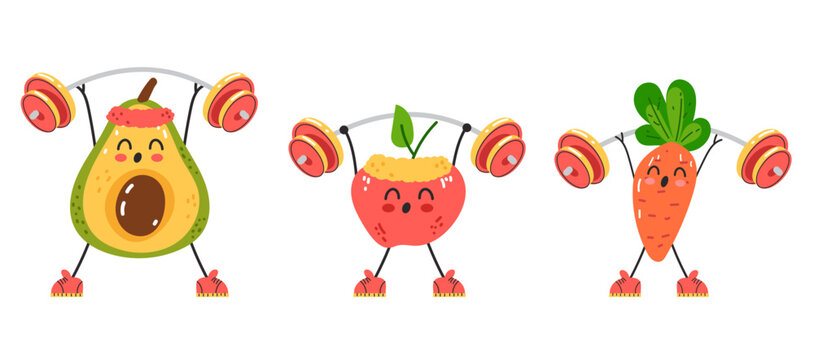 Sport cute vegetable doing workout exercise gym isolated set. Vector cartoon graphic design element illustration
