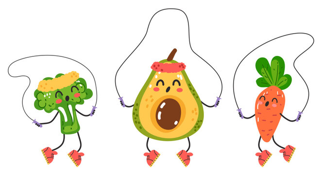Sport cute vegetable doing workout exercise gym isolated set. Vector cartoon graphic design element illustration
