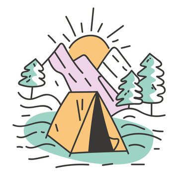 Camp forest tent nature outdoor campfire concept. Vector cartoon graphic design element illustration