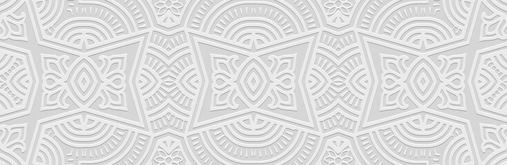 Banner, cover design. Embossed ethnic 3D tribal boho pattern, handmade, ornaments. Vintage geometric white background, press paper. Creativity of the East, Asia, India, Mexico, Aztecs, Peru.