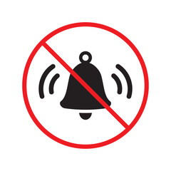 Forbidden loud sound vector icon. No noise flat sign design. Prohibited bell ring symbol. Warning, caution, attention, restriction label ban pictogram. Silence icon.