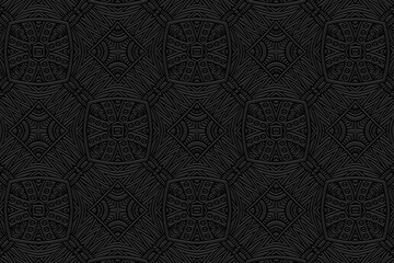 Embossed ethnic black background, tribal cover design. Geometric unique 3D pattern, press paper, leather. Boho, handmade. Dudling, zentangle. Countries of the East, Asia, India, Mexico, Aztecs, Peru.