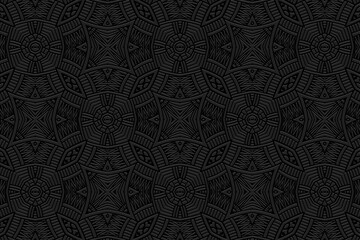 Embossed ethnic black background, tribal cover design. Geometric exotic 3D pattern, press paper, leather. Boho, handmade. Dudling, zentangle. Countries of the East, Asia, India, Mexico, Aztecs, Peru.
