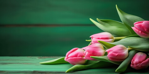 Tulip border with copy /ad space. Beautiful frame composition of spring flowers. Bouquet of  pink tulips flowers on green vintage wooden background