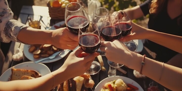 Top view many hands clink glasses with wine on a sunny day against the background of a table with blurred healthy food, concept of Socializing, created with Generative AI technology