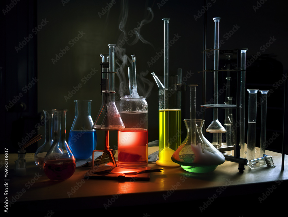 Aufkleber a table topped with lots of different colored flasks. ai generative image chemistry concept.