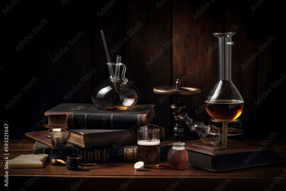 Poster a table topped with books and flasks filled with liquid. ai generative image chemistry concept.