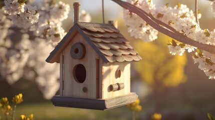 wunderschönes Vogelhaus im frühling für die Vögel zum nisten an einem Baum im Garten, Natur, generative AI