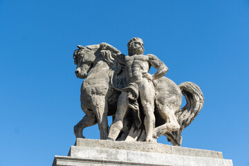 Fototapeta na wymiar French historic statue of Charlemagne et ses Leudes and horse on the streets by Pont d'lena of Paris, France
