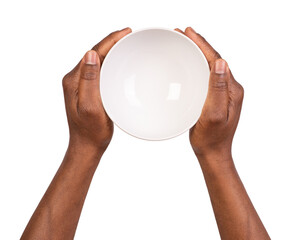 Man holding an empty white bowl in hands, isolated on white or transparent background, top view