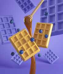 flying waffles with blueberry and honey on purple background. 3d rendering illustration