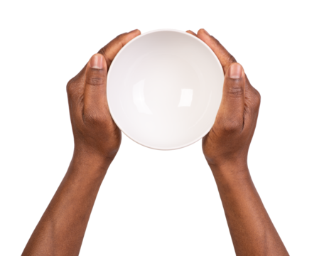 Man holding an empty white bowl in hands, isolated on white or transparent background, top view