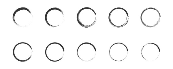 Black paint brushstroke circles set. Vector illustration.