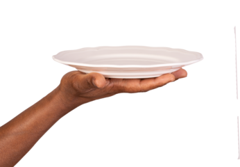 Human hand holding an empty white plate isolated on white or transparent background