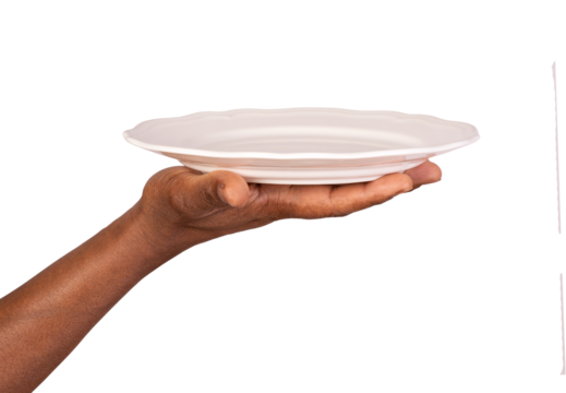 Human hand holding an empty white plate isolated on white or transparent background