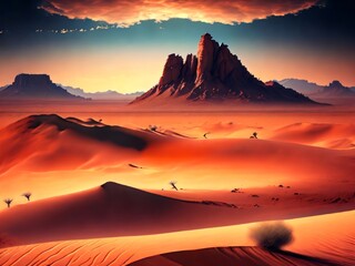 Naklejka na ściany i meble Desert landscape. Sunny landscape view remote desert. Desert landscape background illustrarion, design of dunes. Created with generative AI tools