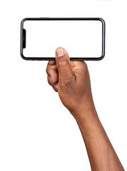 Hand holding smart phone with blank screen isolated on transparent or white background