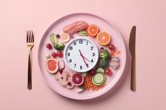 Empty white plate on a trendy blue and pink background with a clock made of healthy food on it and diet.  ai generated.