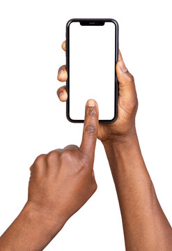 Hand holding smart phone with blank screen isolated on transparent or white background