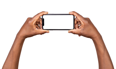 Holding smart phone with blank screen isolated on transparent or white background 