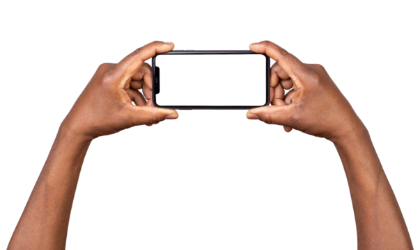 Holding smart phone with blank screen isolated on transparent or white background 