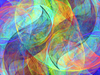 Composición de arte abstracto digital consistente en manchas translúcidas solapadas creando arcos en lo que parece ser una formación nebulosa de gases fluorescentes.