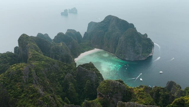Aerial drone shot over the famous Maya Bay on Phi Phi island, Thailand. Known for the movie The Beach