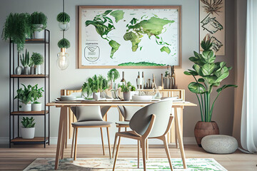 Stylish and botany interior of dining room with design craft wooden table, chairs, furniture, a lof of plants, window, poster map and elegant accessories in modern home decor. Generative Ai. Template.