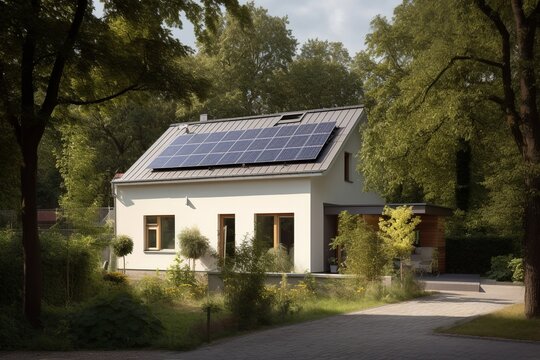 Elegant house with solar panels and tree-shaded facade. generative ai
