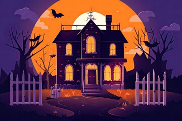 Example of a Haunted House with a Gate and Pumpkins. Generative AI