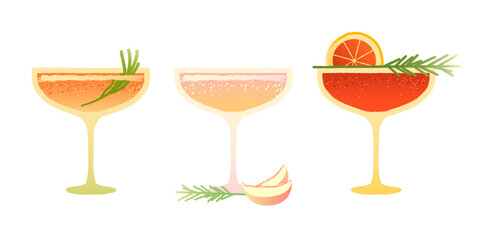 Refreshing orange cocktail set. Flat vector gradient illustration with texture
