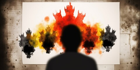 inkblot test image, set against mysterious, interpretive background, use of projective techniques in psychological assessment, concept of Subjective perception, created with Generative AI technology