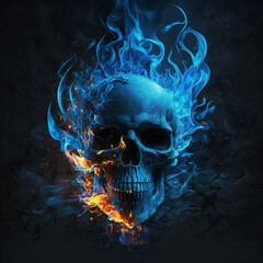 Skull on fire blue, Generative AI