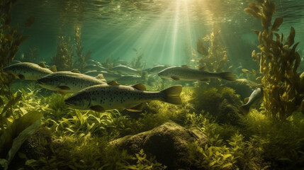 Fototapeta na wymiar Forellen, Schwarm von Fischen unter Wasser, erstellt mit Generative AI Technologie