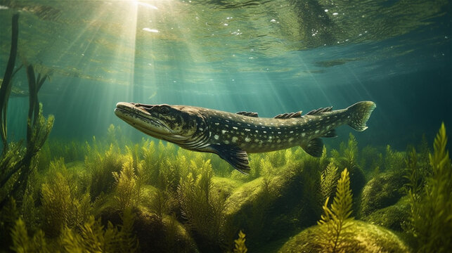 Hecht Fisch unter Wasser, erstellt mit Generative AI Technologie
