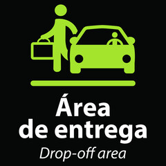 cartel para indicar que hay una parada de un minuto en español e inglés en blanco representado por un pictograma de un coche con su conductor y un pasajero al lado en verde sobre fondo negro - obrazy, fototapety, plakaty