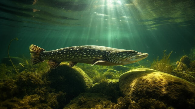Hecht Fisch unter Wasser, erstellt mit Generative AI Technologie