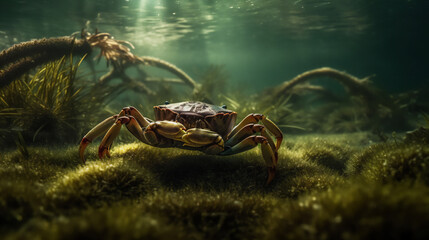 Nahaufnahme von Krabbe unter Wasser, erstellt mit Generative AI Technologie - obrazy, fototapety, plakaty