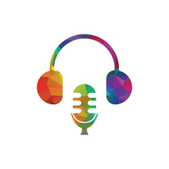 Podcast Microphone and headphone logo design. Headphones with microphone icon.