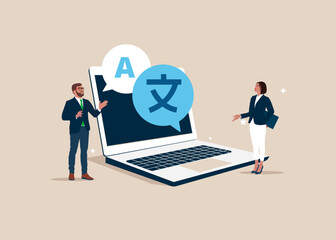 People multi language communication. Online translator in app laptop. Linguist. Flat vector