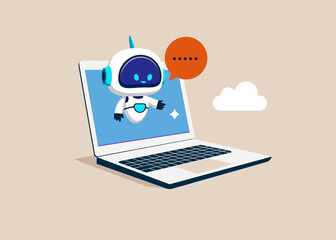 Artificial intelligence robot assistant. Online customer support. Chatbot on laptop screen. Modern vector illustration in flat style - obrazy, fototapety, plakaty