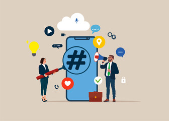 Communication with searchable Hashtag on a smartphone denoting content. Modern vector illustration in flat style